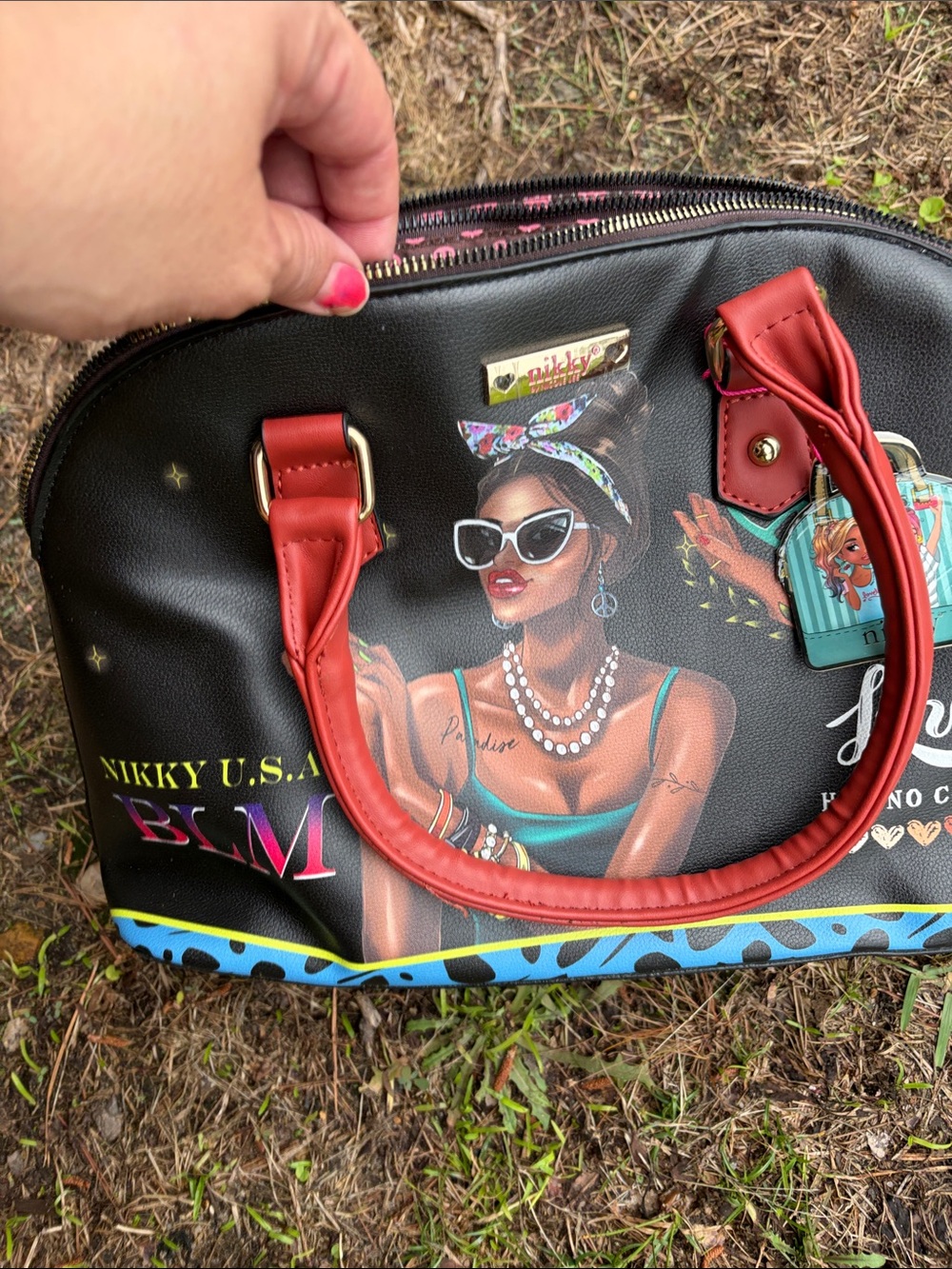 Black Fashion Dome Satchel with Red Handles nwt 2 compartments super roomy
